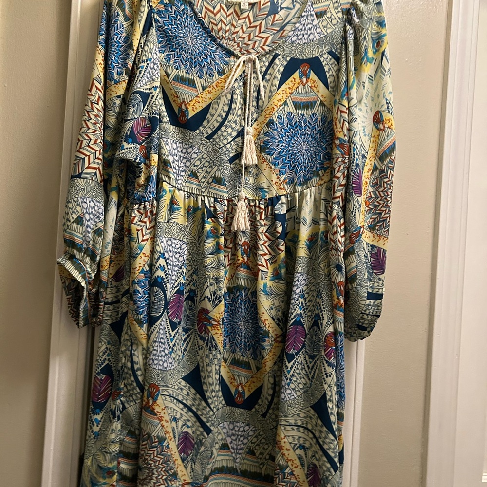 Umgee Multicolor Geometric Knee Dress Blue Green Yellow